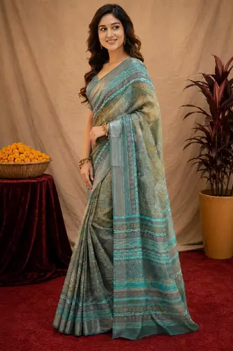 Multy lilen print work 1 minute ready to wear saree with unstitched blouse piece