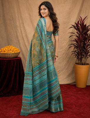 Multy lilen print work 1 minute ready to wear saree with unstitched blouse piece 3