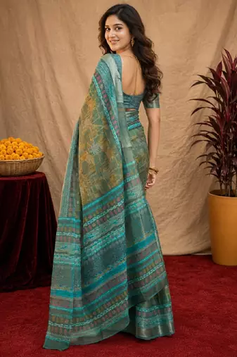 Multy lilen print work 1 minute ready to wear saree with unstitched blouse piece