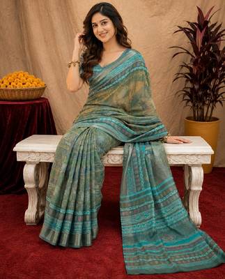 Multy lilen print work 1 minute ready to wear saree with unstitched blouse piece 4