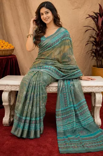 Multy lilen print work 1 minute ready to wear saree with unstitched blouse piece