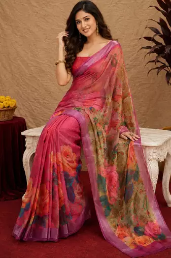 rani pink lilen print work 1 minute ready to wear saree with unstitched blouse piece