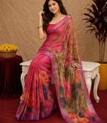 rani pink lilen print work 1 minute ready to wear saree with unstitched blouse piece