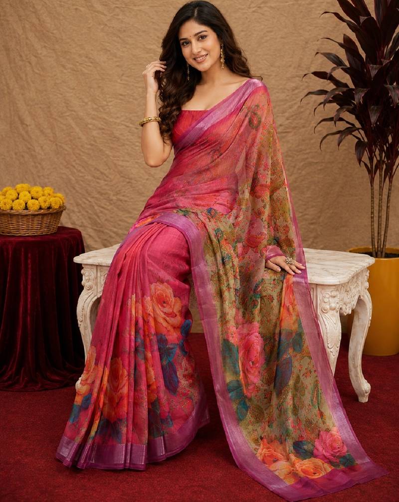 rani pink lilen print work 1 minute ready to wear saree with unstitched blouse piece