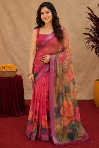 rani pink lilen print work 1 minute ready to wear saree with unstitched blouse piece