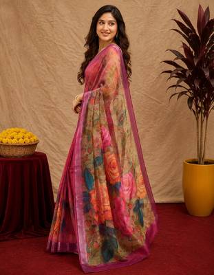 rani pink lilen print work 1 minute ready to wear saree with unstitched blouse piece 3