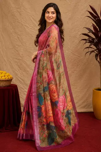 rani pink lilen print work 1 minute ready to wear saree with unstitched blouse piece