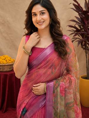 rani pink lilen print work 1 minute ready to wear saree with unstitched blouse piece 4
