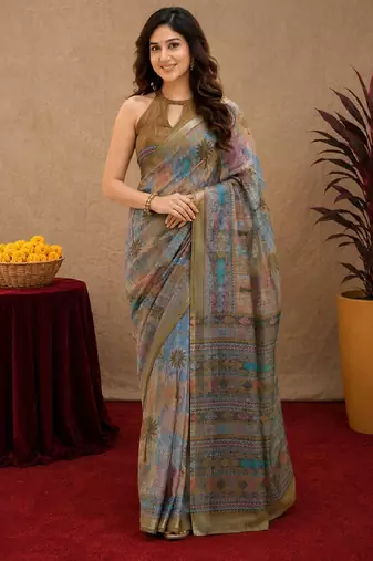 mehendi grey lilen print work 1 minute ready to wear saree with unstitched blouse piece