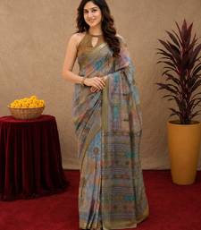 mehendi grey lilen print work 1 minute ready to wear saree with unstitched blouse piece