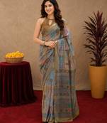 mehendi grey lilen print work 1 minute ready to wear saree with unstitched blouse piece