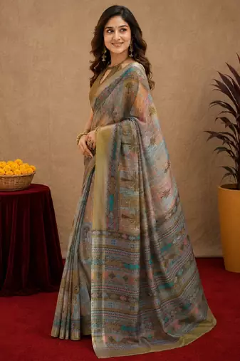 mehendi grey lilen print work 1 minute ready to wear saree with unstitched blouse piece