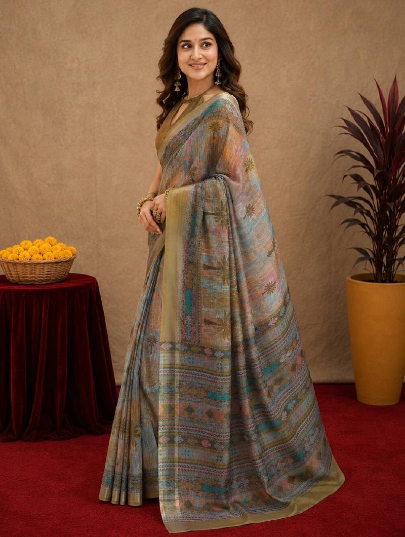 mehendi grey lilen print work 1 minute ready to wear saree with unstitched blouse piece