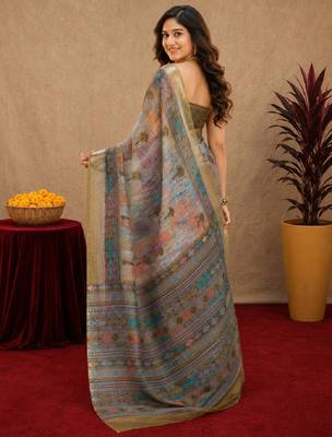 mehendi grey lilen print work 1 minute ready to wear saree with unstitched blouse piece 3