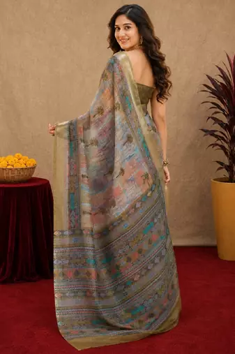 mehendi grey lilen print work 1 minute ready to wear saree with unstitched blouse piece