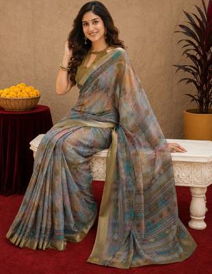 mehendi grey lilen print work 1 minute ready to wear saree with unstitched blouse piece 4