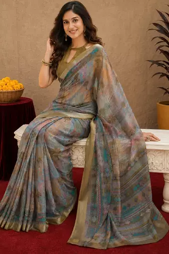 mehendi grey lilen print work 1 minute ready to wear saree with unstitched blouse piece