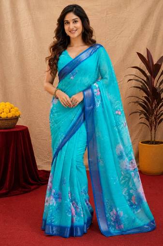 sky blue lilen print work 1 minute ready to wear saree with unstitched blouse piece
