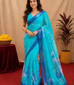 sky blue lilen print work 1 minute ready to wear saree with unstitched blouse piece