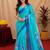 sky blue lilen print work 1 minute ready to wear saree with unstitched blouse piece