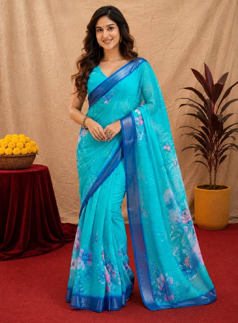 sky blue lilen print work 1 minute ready to wear saree with unstitched blouse piece