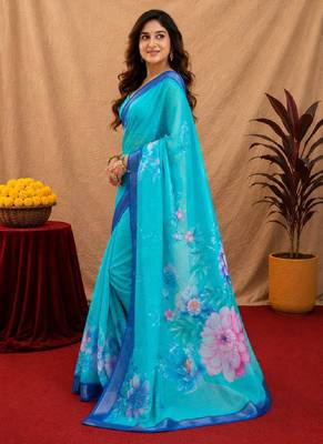 sky blue lilen print work 1 minute ready to wear saree with unstitched blouse piece 2