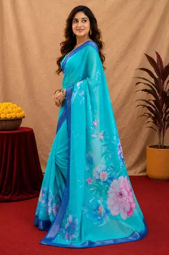 sky blue lilen print work 1 minute ready to wear saree with unstitched blouse piece