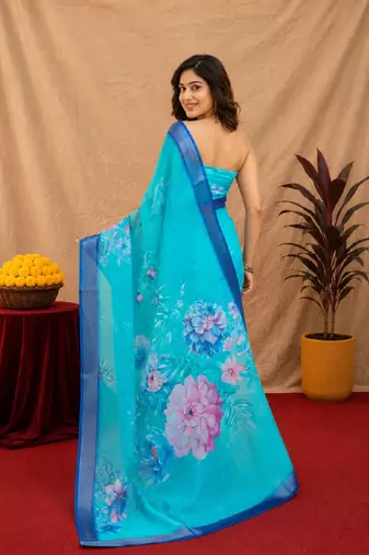 sky blue lilen print work 1 minute ready to wear saree with unstitched blouse piece