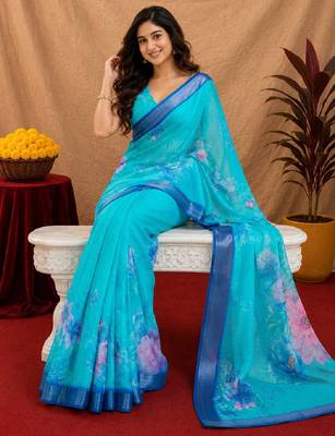 sky blue lilen print work 1 minute ready to wear saree with unstitched blouse piece 4