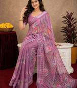 purple lilen print work 1 minute ready to wear saree with unstitched blouse piece