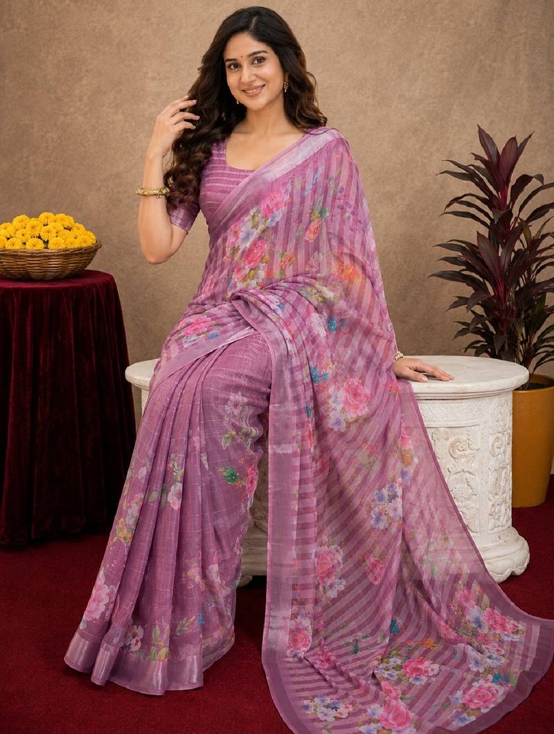 purple lilen print work 1 minute ready to wear saree with unstitched blouse piece