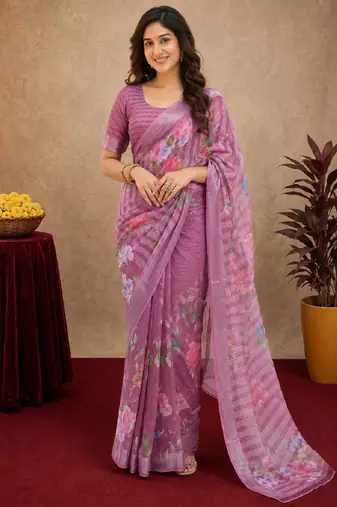 purple lilen print work 1 minute ready to wear saree with unstitched blouse piece