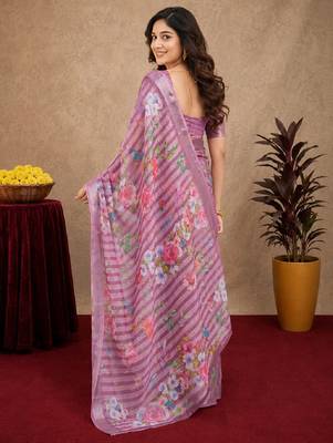 purple lilen print work 1 minute ready to wear saree with unstitched blouse piece 4