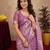 purple lilen print work 1 minute ready to wear saree with unstitched blouse piece