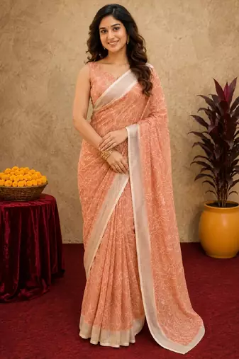 rust lilen print work 1 minute ready to wear saree with unstitched blouse piece