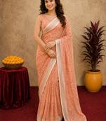 rust lilen print work 1 minute ready to wear saree with unstitched blouse piece