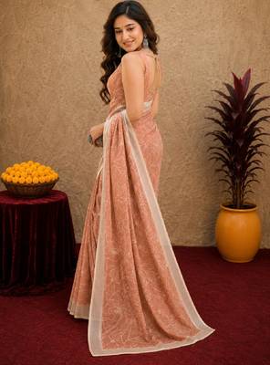 rust lilen print work 1 minute ready to wear saree with unstitched blouse piece 2