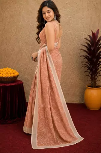 rust lilen print work 1 minute ready to wear saree with unstitched blouse piece