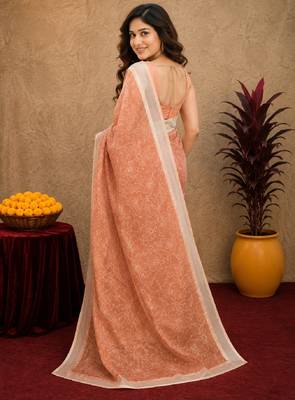 rust lilen print work 1 minute ready to wear saree with unstitched blouse piece 3