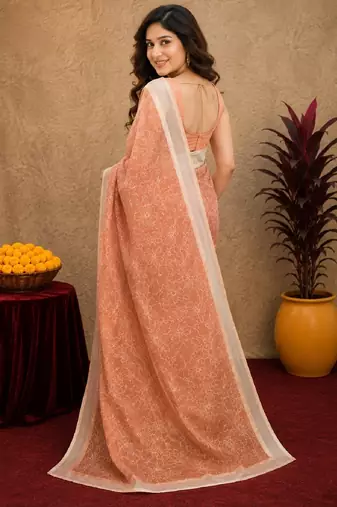 rust lilen print work 1 minute ready to wear saree with unstitched blouse piece