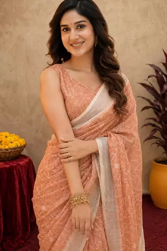 rust lilen print work 1 minute ready to wear saree with unstitched blouse piece