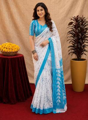 white sky lilen print work 1 minute ready to wear saree with unstitched blouse piece 1