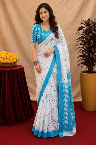 white sky lilen print work 1 minute ready to wear saree with unstitched blouse piece