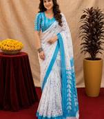 white sky lilen print work 1 minute ready to wear saree with unstitched blouse piece