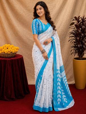 white sky lilen print work 1 minute ready to wear saree with unstitched blouse piece 2