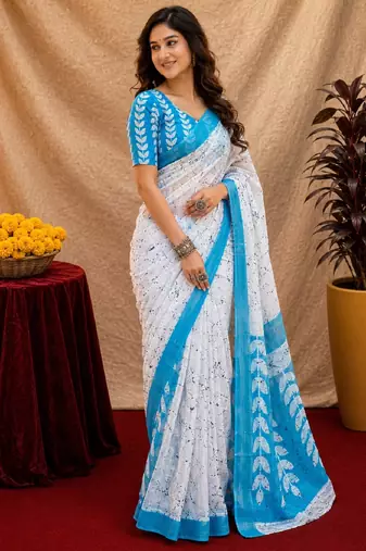 white sky lilen print work 1 minute ready to wear saree with unstitched blouse piece