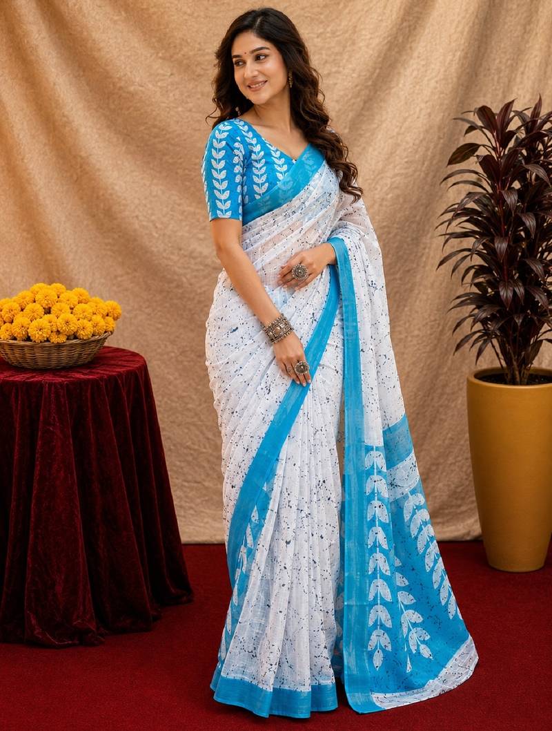 white sky lilen print work 1 minute ready to wear saree with unstitched blouse piece