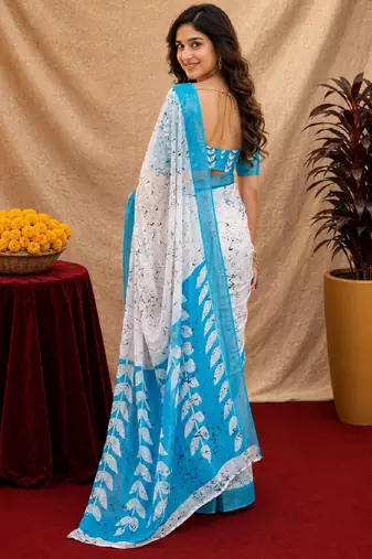 white sky lilen print work 1 minute ready to wear saree with unstitched blouse piece