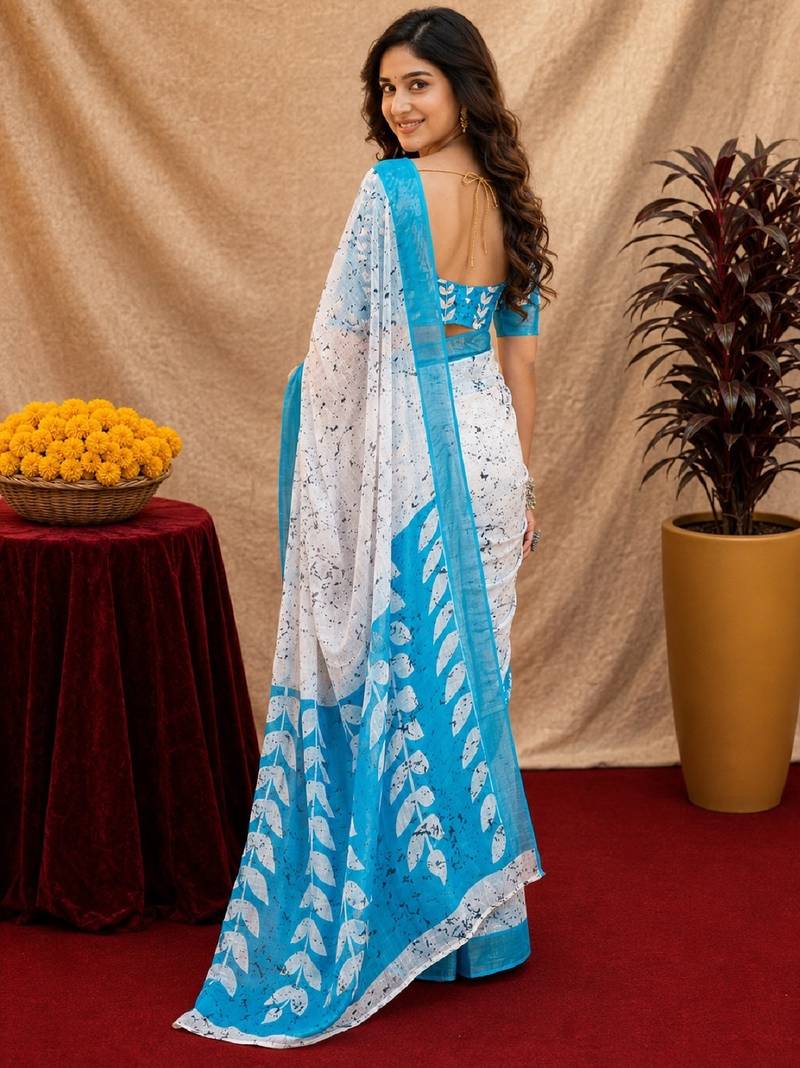 white sky lilen print work 1 minute ready to wear saree with unstitched blouse piece
