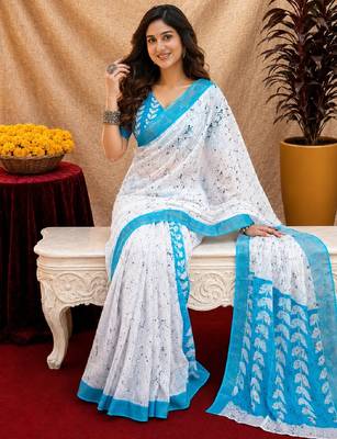 white sky lilen print work 1 minute ready to wear saree with unstitched blouse piece 4